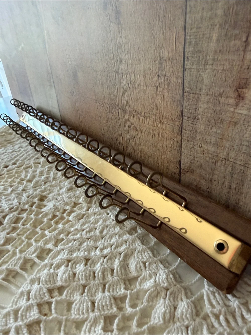 VTG MCM Wall-Mounted Tie/Belts or Necklace Rack, Wood and Brass